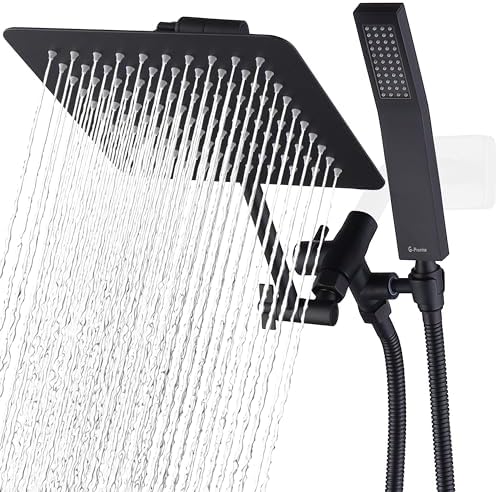 G-Promise All Metal 8 Inch Dual Square Shower Head with Handheld Combo, Rain Shower Head, Adjustable Extension Arm, Smooth 3-Way Diverter, 71 Inch Extra Long Hose - A Bathroom Upgrade (Matte Black)