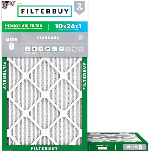 Filterbuy 10x24x1 Air Filter MERV 8 Dust Defense (2-Pack), Pleated HVAC AC Furnace Air Filters Replacement (Actual Size: 9.50 x 23.50 x 0.75 Inches)