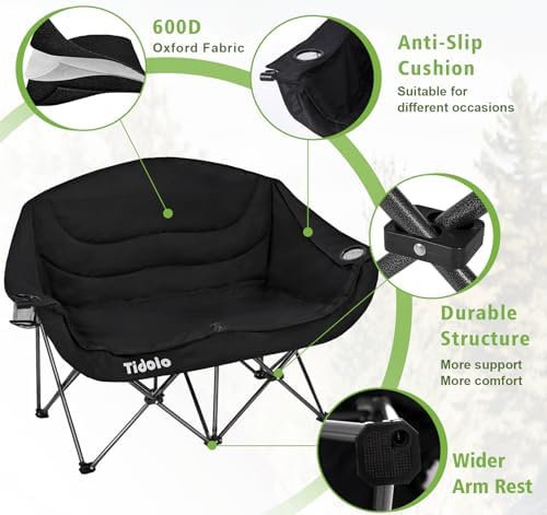 Double Camping Chairs, Oversized Loveseat Camping Chairs for Adults, Outdoor Folding Chairs Lawn Chairs Camping Couch with Cup Holder & Wine Glass Holder for Outside - Support 600Lbs (Black)