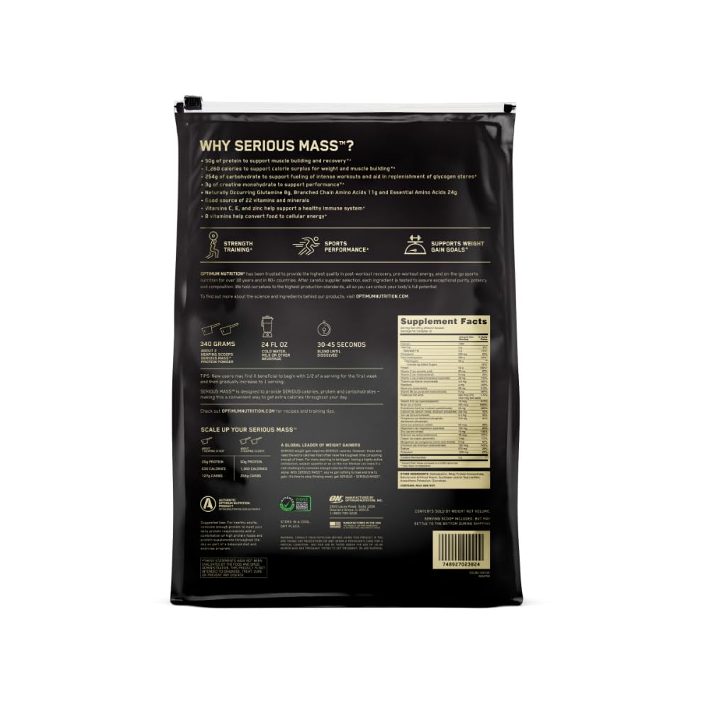 Optimum Nutrition Serious Mass Weight Gainer Protein Powder, Vitamin C and Zinc for Immune Support, Vanilla, 12 Pound (Packaging May Vary)