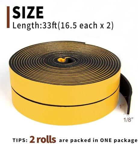 Yotache Weather Stripping 2 Rolls 1" W X 1/8" T (New Adhesive Craft), Neoprene Foam Weatherstrip Tape for Automotive, 33 Ft Length (2 X 16.5 Ft Each)