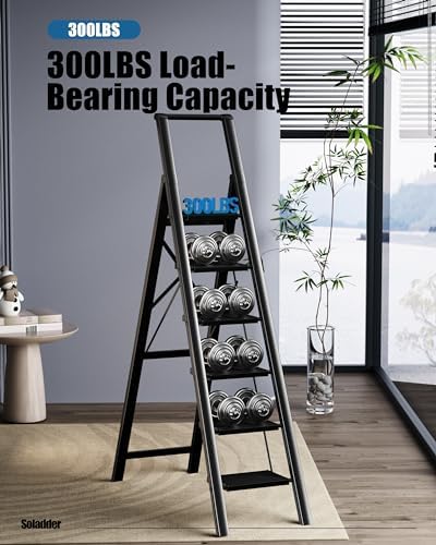 6 Step Ladder for 12 Feet High Ceiling, Folding Step Stool with Handgrip & Anti-Slip Wide Pedal, Portable Lightweight Aluminum Stepladder for Kitchen, Home (300 lbs Capacity) - Black