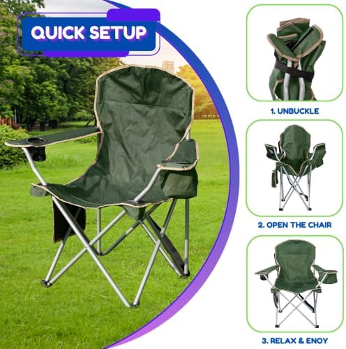 EZONE Set of 2 Camping Chairs with Built-in Ice Cooler, Portable Chair, Storage Pocket, Cup Holder, and Carry Bag Perfect for Camping, Tailgating, Fishing, Beach, and Lawn (2, Olive Green)