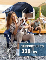 Beach Chair with Canopy Shade and Fan – 360° Rotatable & 3-Speed Airflow, Camping Chair with Canopy and Powerful & Quiet Fan, Cup Holder, Side Pocket – Supports 330 LBS