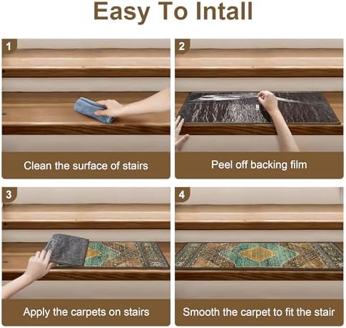 Carpet Stair Treads Non Slip 15PCS, 8" X 30" Edging Stair Runner for Wooden Steps Indoor, Resistant Stair Rug with Reusable TPE Adhesive Backing, Residue Free Mat for Elders, Pets, Amber&Cyan
