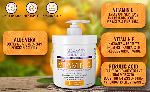 Advanced Clinicals Vitamin C Cream. Advanced Brightening Cream. Anti-aging cream for age spots, dark spots on face, hands, body. Large 16oz.