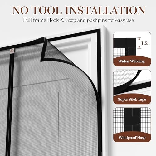 Yotache Magnetic Screen Door for 32x80 Doors, Screen Size 34"x81" High-Density Fiberglass Mesh with Powerful Magnets & Windproof Hasp for Front/Back Patio Doors, Black