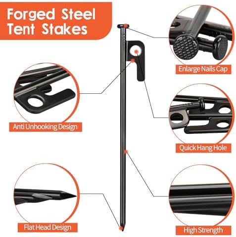 Tent Stakes and Hammer Set, 8 Pack 8in Heavy Duty Forged Steel Tent Stakes + 12in Heavy Duty Camping Hammer + Storage Pouch, Available in Rocky Place(8 Pack 8in Stakes + Hammer)