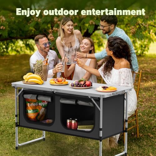 Camping Table, Folding Camping Table with Storage, Lightweight & Portable, 3 Heights Adjustable Folding Table for BBQ, Camping, Picnic and Indoor Use, Grey