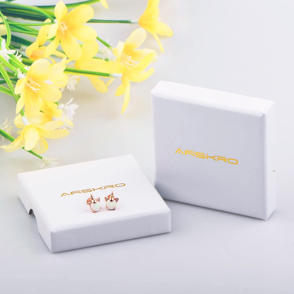 Rose Gold Plated Unicorn Earrings, 14K Hypoallergenic Earrings for Kids ARSKRO S925 Sterling Silver Post Cute Tiny Small Fire Opal Stud Jewelry Gifts for Little Teen Girl Sensitive Ears
