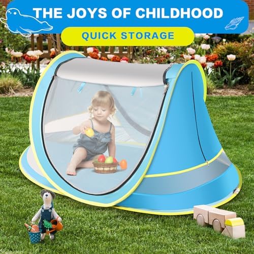 Baby Beach Tent with Baby Hat, Pop Up Toddler Travel Tent with Sun Hat for Boys or Girls, Sun Shade for Toddler Camping, Infant Portable Sun Shade, Summer Beach Baby (Blue Baby Tent with Hat)