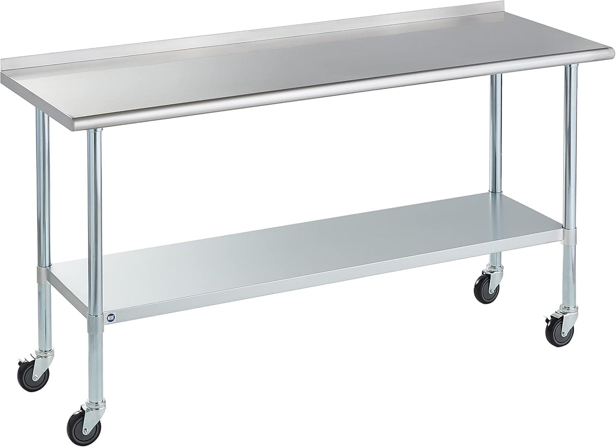 Stainless Steel Table for Prep & Work with Caster & Backsplash 24x72 Inches, NSF Metal Commercial Kitchen Heavy Duty Table with Adjustable Under Shelf and Table Foot for Restaurant, Home and Hotel