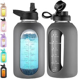CIVAGO 64 oz Glass Water Bottle Jug with Straw and Handle, Half Gallon Sports Motivational Water Bottle with Time Marker, Wide Mouth Water Flask Canteen with Silicone Sleeve for Gym,Gray