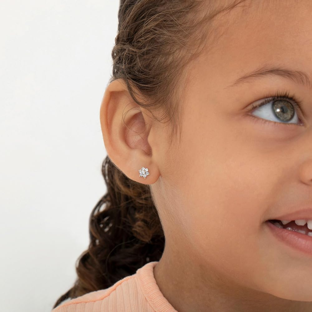In Season Jewelry Gold Plated CZ Flower Kids Earrings - Earrings for Girls with Safety Screw Back Locking - Safe & Comfortable for Toddlers, Kids & Little Girls