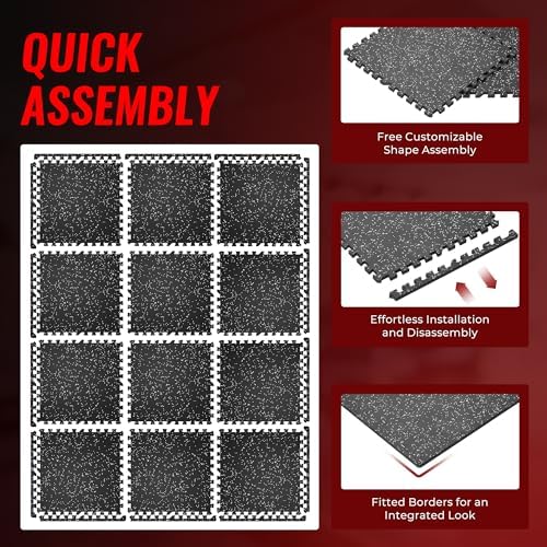 SUPERJARE 0.56'' Thick 12 Pcs 48 Sq Ft Rubber Top Exercise Equipment Mats, High Density EVA Foam Mats with Rubber Top, Interlocking Gym Flooring for Home Gym, Protective Workout Mat, Black/Grey