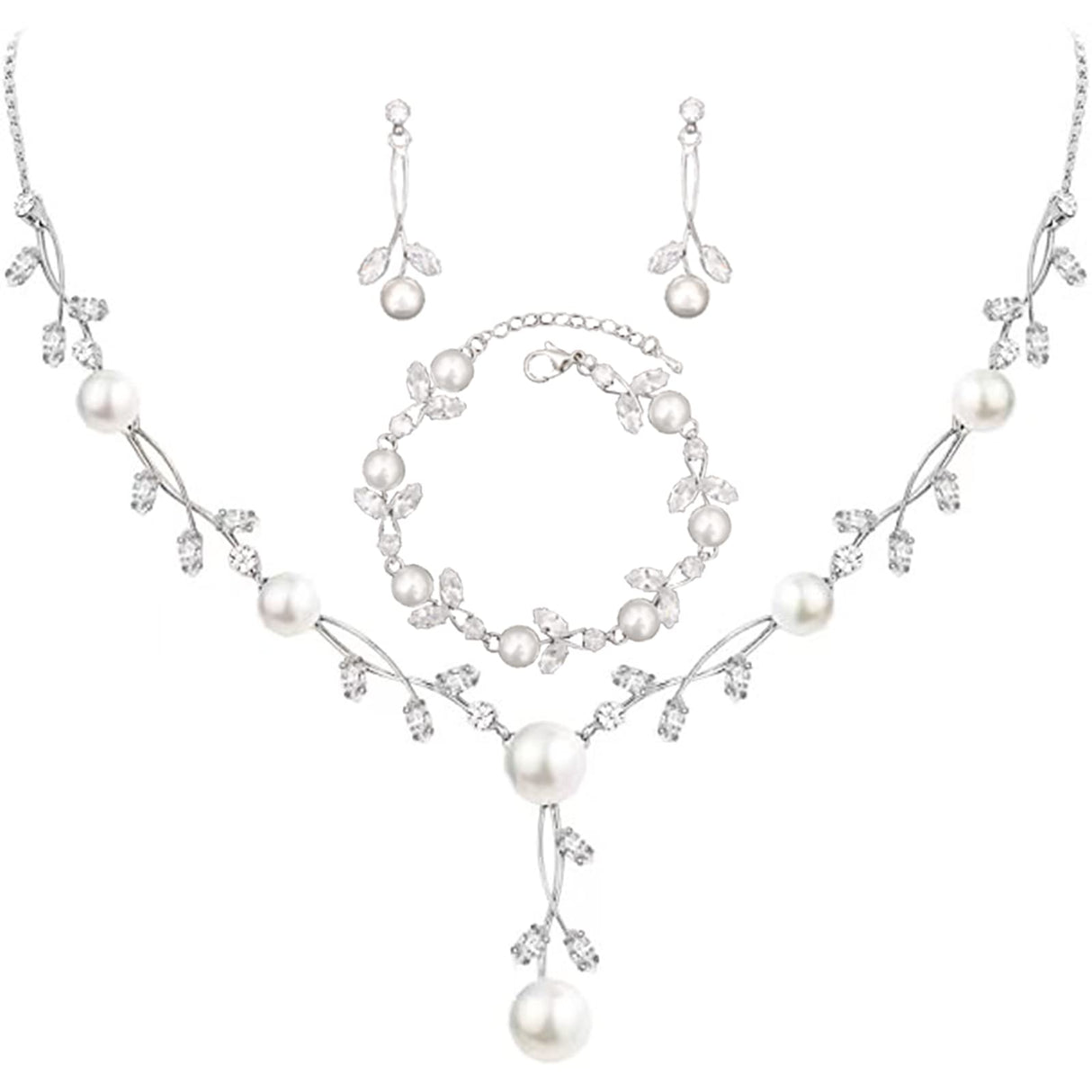 Enrwin Luxury Cubic Zirconia Aurtrian Crystal Pearl Floral Necklace Dangle Earrings Link Bracelet Set Wedding Bridal Jewelry Set Birthday Gifts for Her, Style2-Clear-Silver Plated
