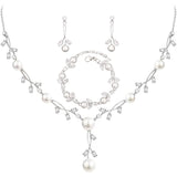 Enrwin Luxury Cubic Zirconia Aurtrian Crystal Pearl Floral Necklace Dangle Earrings Link Bracelet Set Wedding Bridal Jewelry Set Birthday Gifts for Her, Style2-Clear-Silver Plated