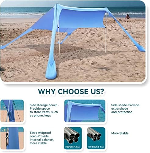 FBSPORT Beach Tent Sun Shelter, Portable Beach Shade Canopy UPF50+ with Sandbags for Outdoor Family Camping, Fishing, Backyard Fun, Picnic, 7 x 7ft