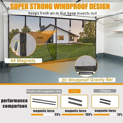 Garage Screen Doors for 2 car garage-18x7FT Fiberglass Durable Heavy Duty Magnetic Garage Door Screen Retractable Hands Free with 6 Roll Up Straps for Patio Workshop Home Gym Sun Room
