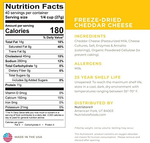 Nutristore Freeze-Dried Cheddar Cheese Shredded | Amazing Taste & Quality | Perfect for Snacking, Backpacking, Camping, or Home Meals | Emergency Food Storage | 25 Year Shelf-Life