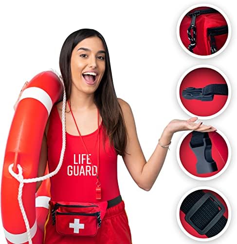 Lifeguard Fanny Pack Red with Whistle Lanyard - Baywatch Style First Aid Hip Pack, Adjustable Strap, Cross Logo + Zipper Pouch, 10 Pack