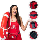 Lifeguard Fanny Pack Red with Whistle Lanyard - Baywatch Style First Aid Hip Pack, Adjustable Strap, Cross Logo + Zipper Pouch, 10 Pack