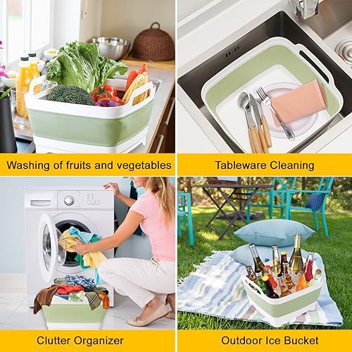 Collapsible Dish Tub 9L-Collapsible Basin Bucket Portable Sink-Outdoor Multiuse Foldable Sink Tub Wash Dish Basin for Kitchen Basin RV Camping (Green)