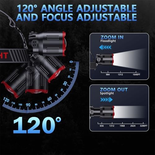 TDT 2000 LUMENS LED Rechargeable Head Lamps, Zoomable Headlamp with 6 Modes & IPX7 Waterproof, 120° Adjustable Head Lights for Forehead for Outdoor, Camping, Hard Hat, Running, Hunting