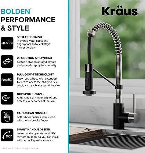 KRAUS Bolden 18-Inch Single Handle Spot Free Stainless Steel/Matte Black Commercial Style Pull-Down Kitchen Faucet with Dual Function Sprayer, KPF-1610SFSMB (Pack of 1)