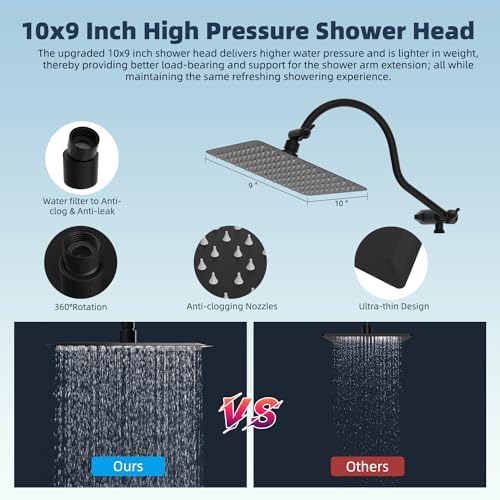 Hibbent All Metal 10'' Dual Filtered Rainfall Shower Head Combo, High Pressure Handheld Shower Head with 12'' Adjustable Curved Extension Arm, 20 Stage Shower Filter, 10-spray, 71'' Hose, Matte Black