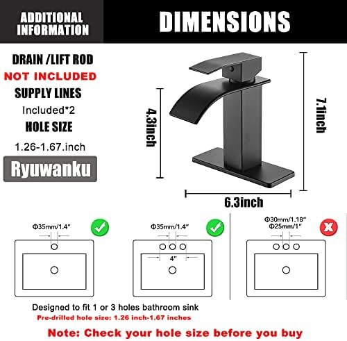 Bathroom Faucet Matte Black Modern Waterfall Bathroom Sink Faucet with Single Handle Suitable for 1 or 3 Holes,Supply Deck Plate and Hose