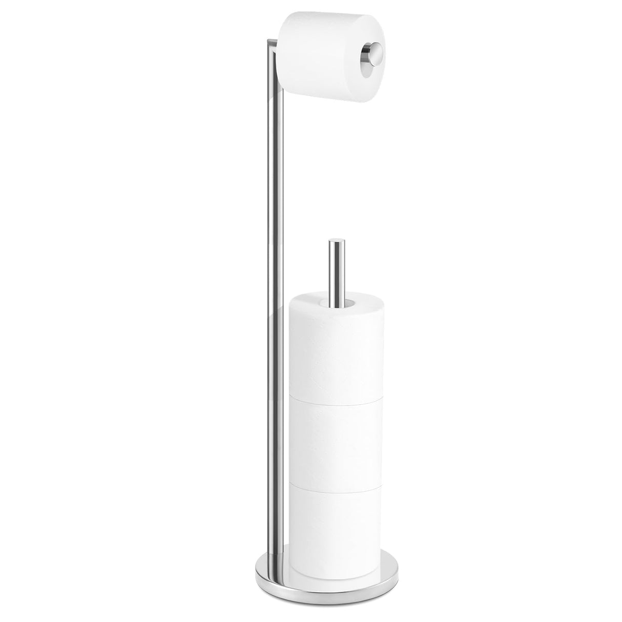Toilet Paper Holder Stand, Bathroom Toilet Paper Roll Holder Stand with Reserve, Standing Toilet Paper Holder with Storage,Toilet Paper Roll Holder for 4 Rolls, Chrome