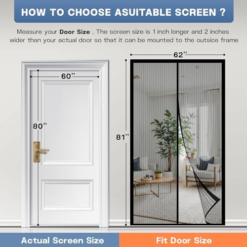 Magnetic Screen Door Fits Door Size 60" x 80", Screen Door Mesh,Door Screen Magnetic Closure for Patio Door Enjoy Air Fresh-Black, Actual Screen Size 62" x 81"