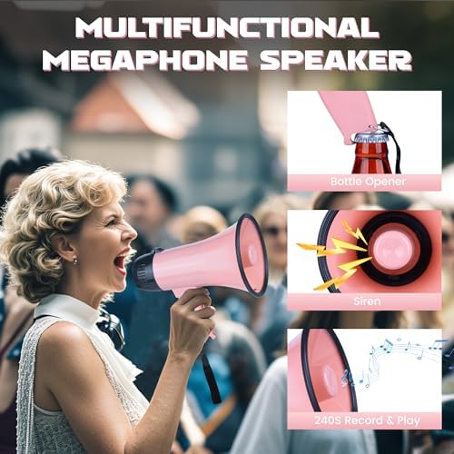 MyMealivos Portable Megaphone Bullhorn 20 Watt Power Megaphone Speaker Voice and Siren/Alarm Modes with Volume Control and Strap (Pink)