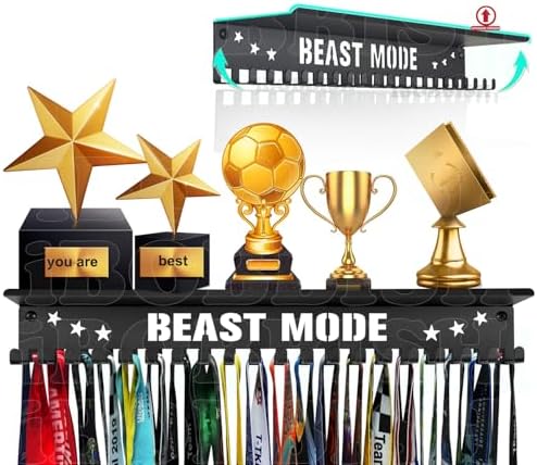 Metal Medal Hanger Display,Non-Slip Trophy Shelf with 20 Hooks,Wall Mount,Heavy Duty,Non-Bent,Holds 22-33lbs,for Gymnastics,Race,Soccer,Swim