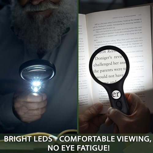 SeeZoom Lighted Magnifying Glass 3X 45x Magnifier Lens - Handheld Magnifying Glass with Light for Reading Small Prints, map, Coins and Jewelry - LED Seniors Magnifier for Close Work