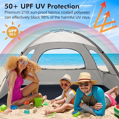 WhiteFang Beach Tent Anti-UV Portable Sun Shade Shelter for 3/4/6/8 Person, Extendable Floor with 3 Ventilating Mesh Windows Plus Carrying Bag, Stakes and Guy Lines