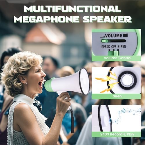 MyMealivos Portable Megaphone Bullhorn 20 Watt Power Megaphone Speaker Voice and Siren/Alarm Modes with Volume Control and Strap (White&Green)