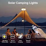 Solar Camping String Lights, 39.4FT Portable Waterproof Camping Light with 8 Lighting Modes, Solar Powered and USB Rechargeable Tent Lantern with Remote Control for Camping, Yard, Garden and Hiking
