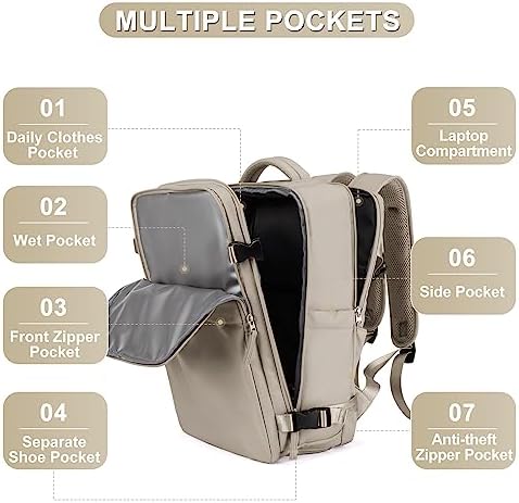 coofay Laptop Travel Backpack For Women Men Airline Approved Carry On Bags For Airplanes Underseat Luggage Backpack For Traveling On Airplane Personal Item Travel Bag For Airlines Light Brown