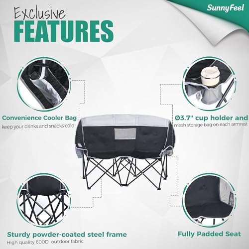 SunnyFeel Folding Double Camping Chair, Oversized Loveseat Chair, Heavy Duty Portable/Foldable Lawn Chair with Storage/Cooler for Outside/Outdoor/Travel/Picnic, Fold Up Camp Chairs for Adults 2 People
