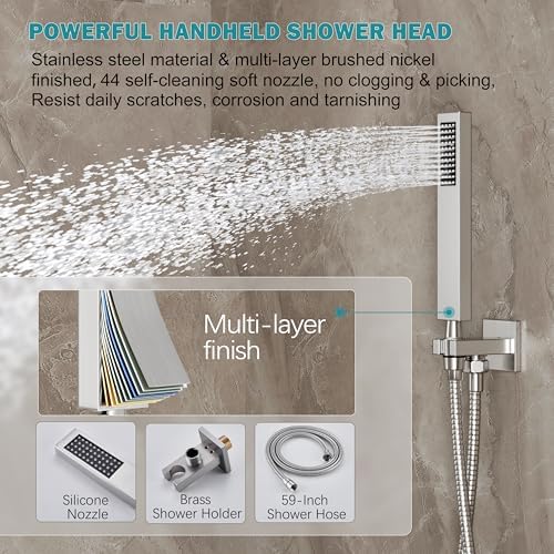 Brushed Nickel Shower System, Shower Faucet Set with 10-Inch Rain Showerhead and Handheld Spray, Wall Mounted High-Pressure Showerhead Combo Set Included Valve and Trim, Brushed Nickel