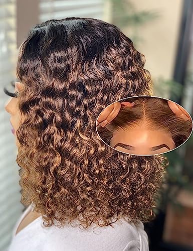 16 Inch Highlight Blonde Wear and Go Glueless Curly Bob Wig Human Hair Pre Plucked, 4/27 Water Wave No Glue wigs,Pre cut HD Lace Front Wigs Human Hair for Women 200% Density