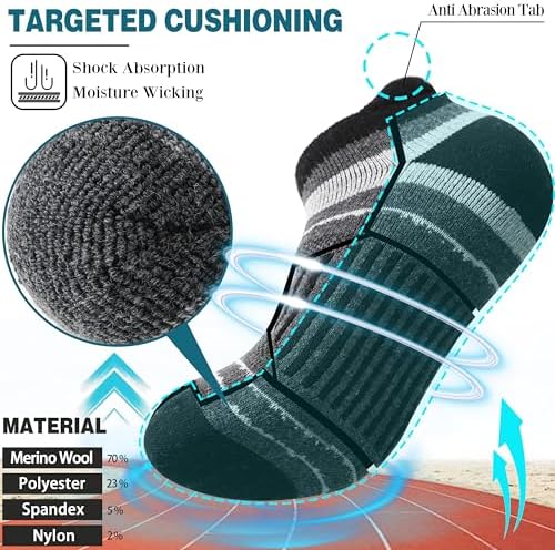 EBMORE 6 Pairs Merino Wool Ankle Hiking Running Socks Compression Support Thick Cushion No Show Socks for Men Women