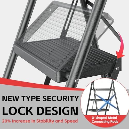 Step Ladder Foldable Folding Stool - for Home Adults Kitchen 3 Stepping Extension Tall Heavy Duty with Handrails - Closet Stepstool Stair Ladders Extendable Stepladder for Indoor House 600Lbs