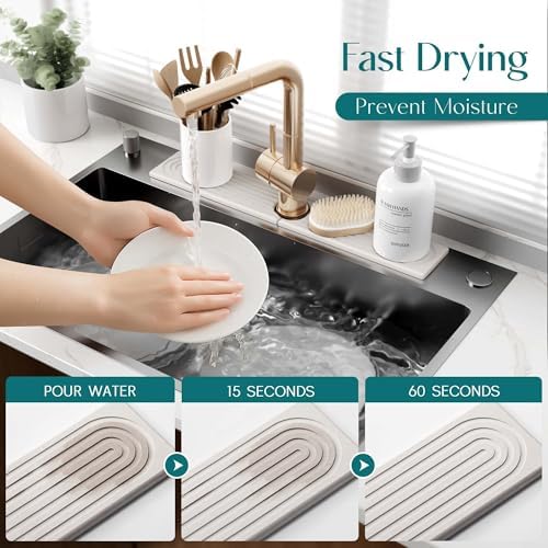 Faucet Mat for Kitchen Sink - 24'' Long Diatomite Fast Drying Stone Sink Tray, Super Absorbent, Prevents Moisture Buildup - Faucet Splash Guard for Bathroom Counter [Light Grey, Includes Sandpaper]1