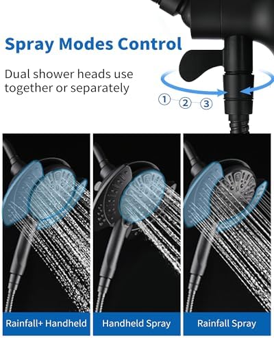 2-in-1 Shower Head with Handheld Combo: 2.5GPM Rainfall & Handheld Shower Head Use Together or Alone, 9 Spray Settings Hand Held Shower Head with Hose, Black