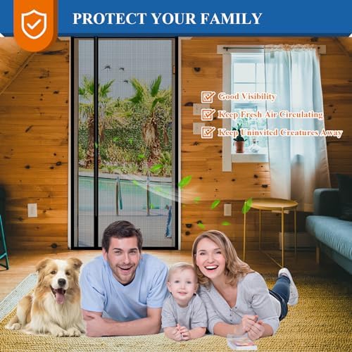 MAGZO Magnetic Screen Door Mesh 32'' x 80'', 2025 Model, Reversible Left Right Offset Opening, Polyester Material Scratch-Proof, Pet Friendly, Keep Open Straps, 52 Powerful Magnets, Easy Install, Grey
