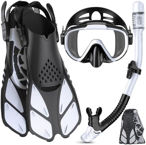 Snorkeling Gear for Adults Men Women,4 in 1 Snorkel Set with Panoramic View Diving Mask Anti-Fog Anti-Leak,Dry Top Snorkel,Fins and Travel Bag for Swimming,Snorkeling and Travel Diving