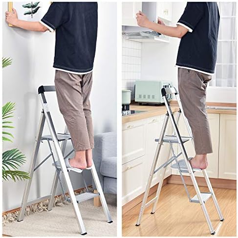 KINGRACK Aluminium 3 Step Ladder, Lightweight Step Stool with Non-Slip Pedals, Handrail, 330 LBS Foldable Step Ladder for Kitchen, Garage, Home, Space Saving, Sturdy and Portable, Silver